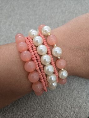 Peach Pearl & Bead Stackable Bracelet Set - Women Jewelry